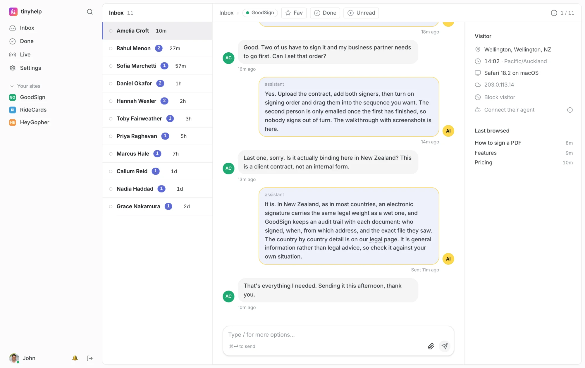 The tiny.help desk: the inbox down the left, and a visitor's conversation where the assistant has answered two questions from the site's own pages, each with a link to the page it used.
