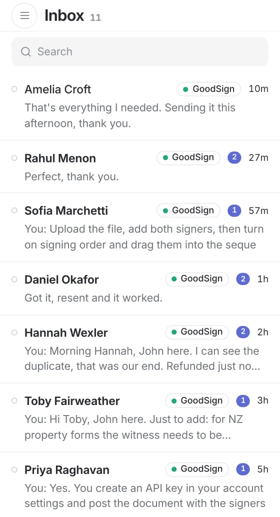 The same inbox on a phone, with the latest message from each conversation.